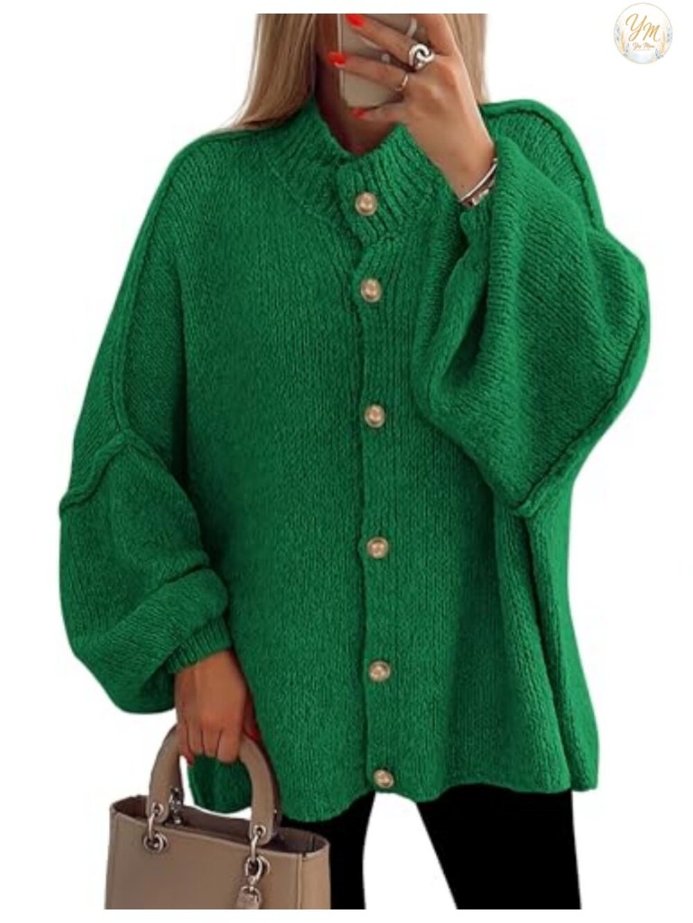 Women's Oversized Chunky Knit Cardigan Sweater Button Down Mock Neck